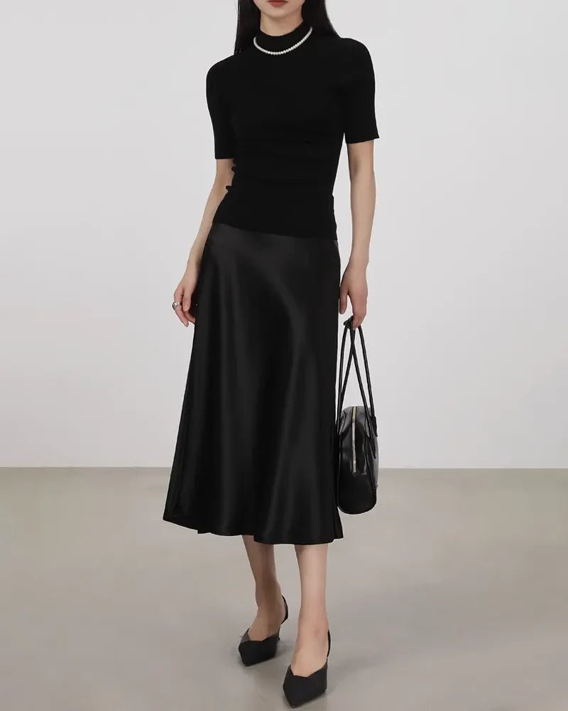 Silk Midi Skirt with Elastic Waistband