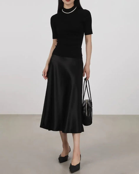 Silk Midi Skirt with Elastic Waistband