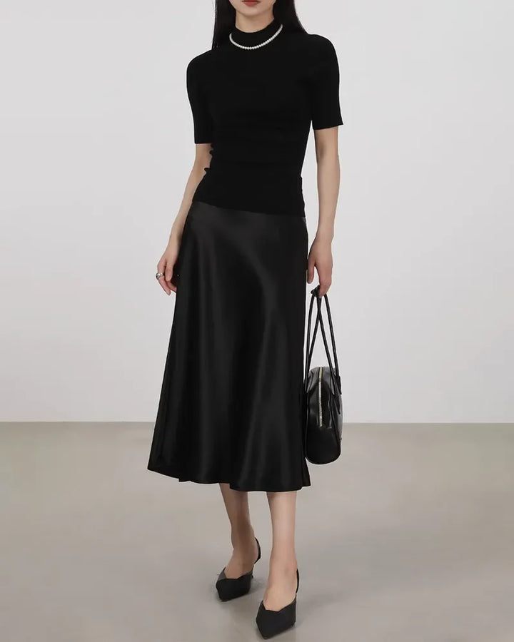 Silk Midi Skirt with Elastic Waistband