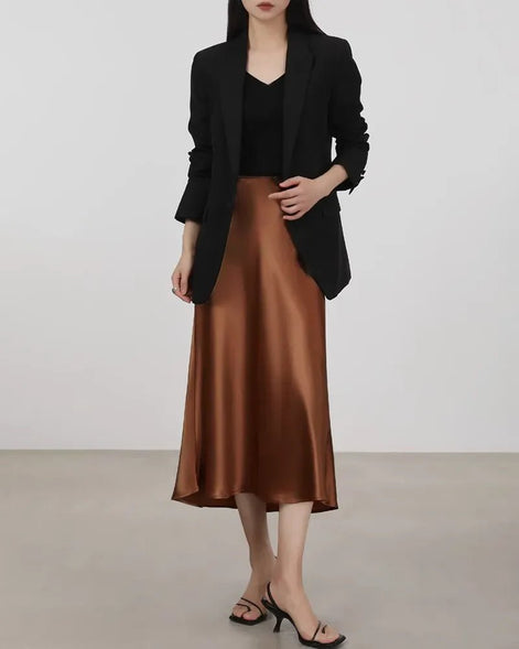 Silk Midi Skirt with Elastic Waistband