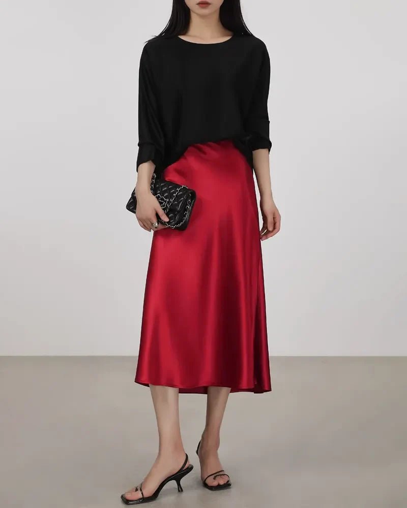 Silk Midi Skirt with Elastic Waistband