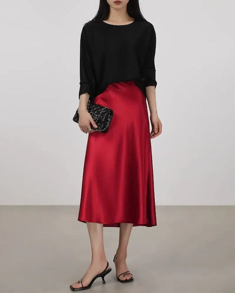 Silk Midi Skirt with Elastic Waistband