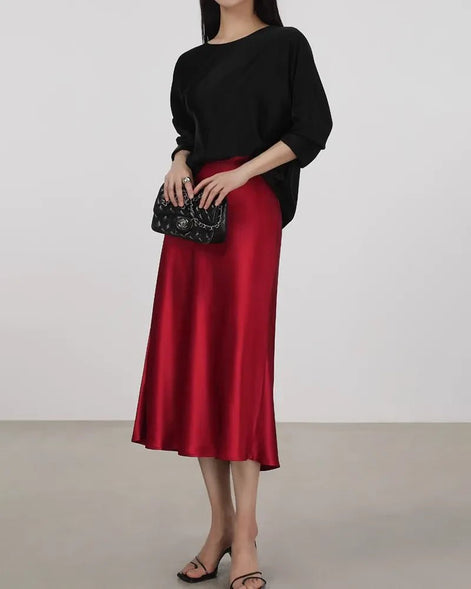 Silk Midi Skirt with Elastic Waistband