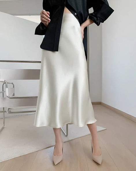 Silk Midi Skirt with Elastic Waistband