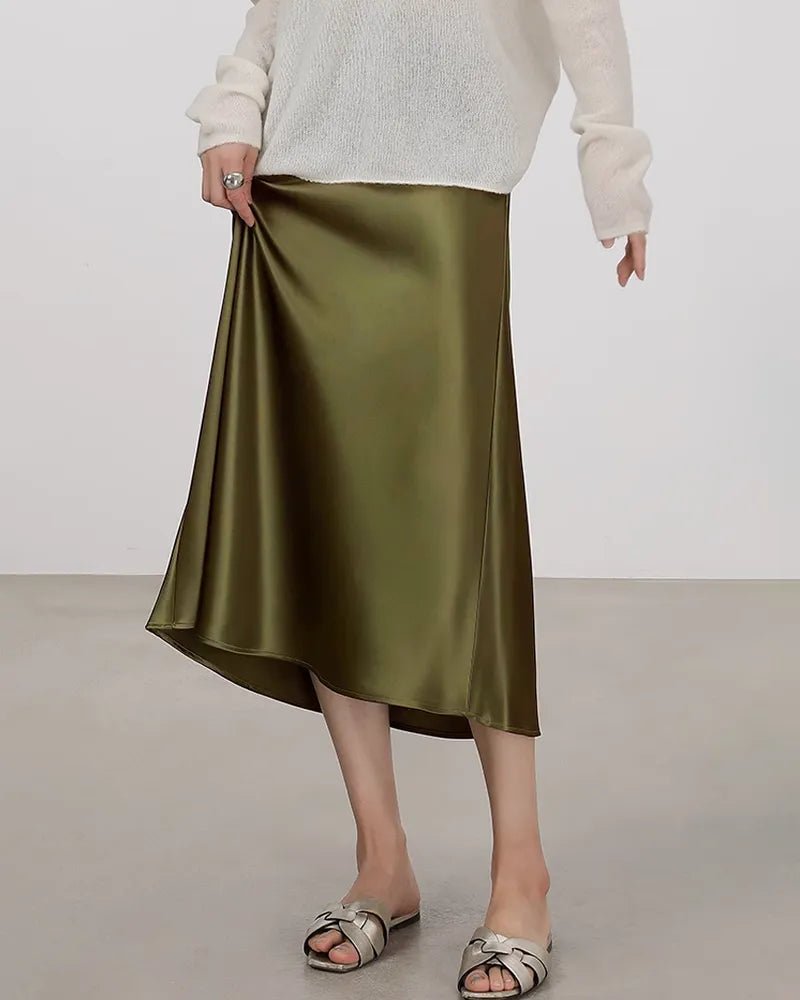 Silk Midi Skirt with Elastic Waistband