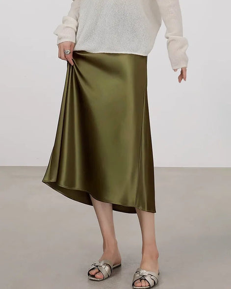 Silk Midi Skirt with Elastic Waistband