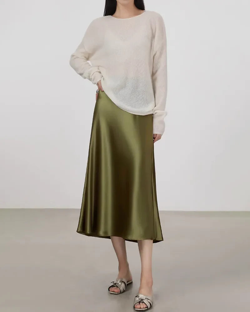 Silk Midi Skirt with Elastic Waistband