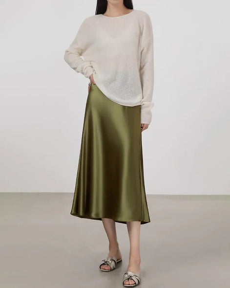Silk Midi Skirt with Elastic Waistband