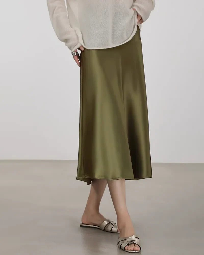 Silk Midi Skirt with Elastic Waistband
