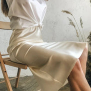 Silk Midi Skirt with Elastic Waistband