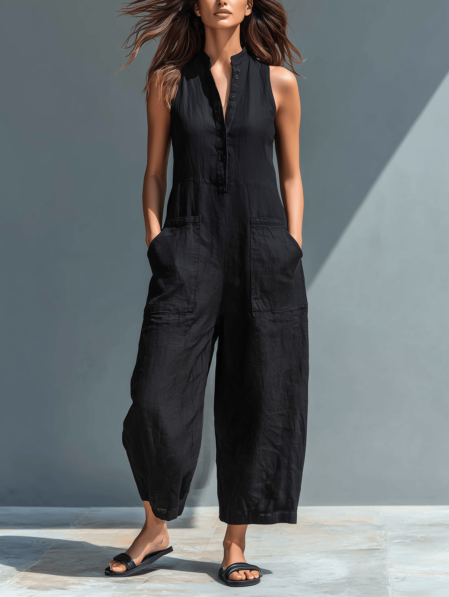 Minimalist Linen Sleeveless Button-Up Jumpsuit