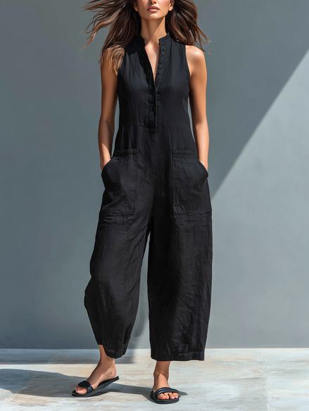 Minimalist Linen Sleeveless Button-Up Jumpsuit