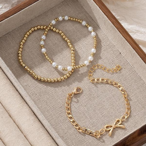 3 PCS Beaded Pearl Bow Bracelet