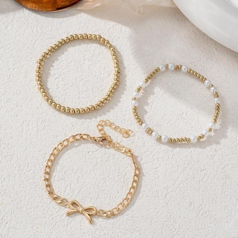 3 PCS Beaded Pearl Bow Bracelet