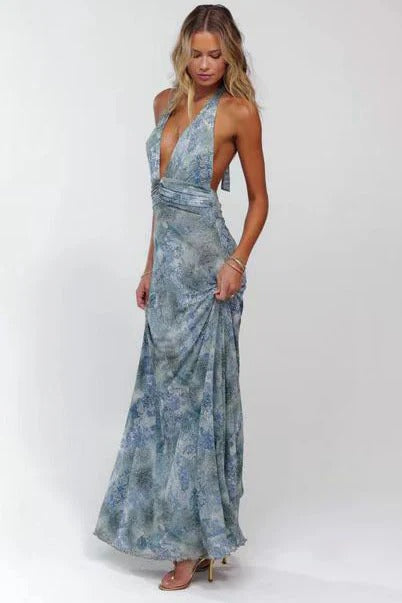 Camoni Polka Dot Maxi Dress – Cut-Out Back Bow