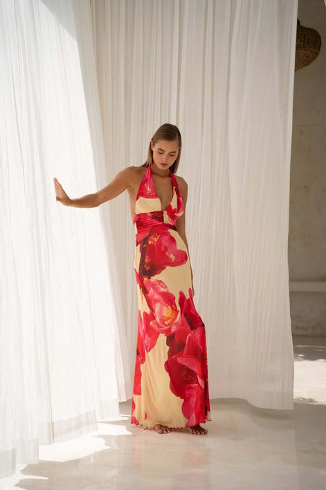 Camoni Polka Dot Maxi Dress – Cut-Out Back Bow