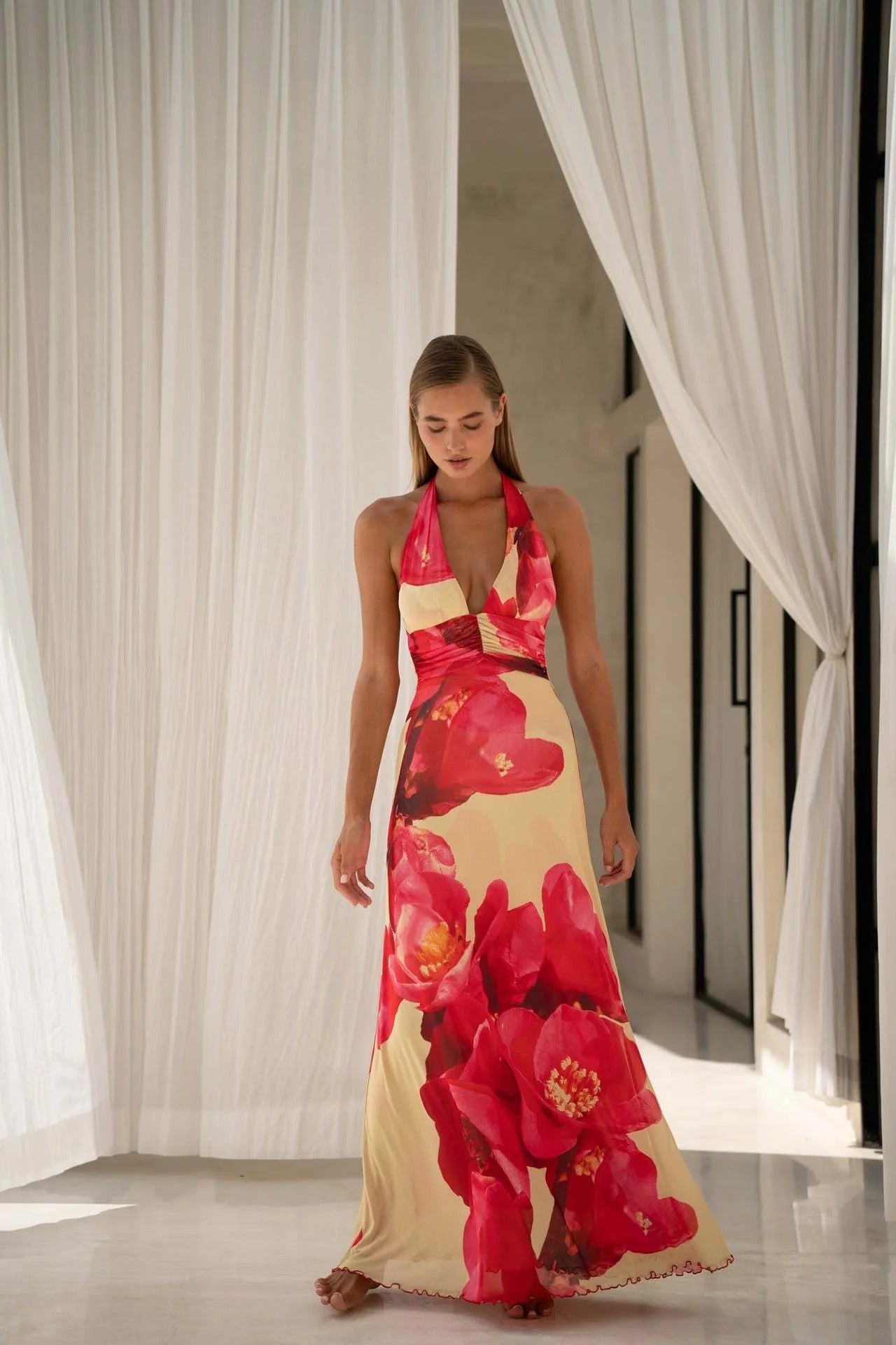 Camoni Polka Dot Maxi Dress – Cut-Out Back Bow