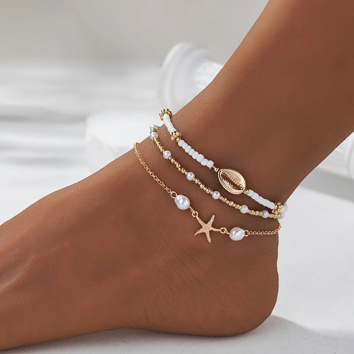 3 PCS Boho Starfish & Shell Ankle Bracelet