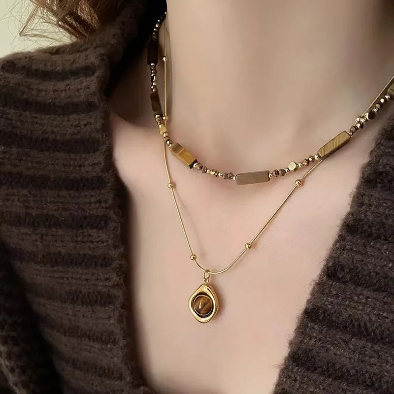 2 PCS Tiger Eye Stone Necklace