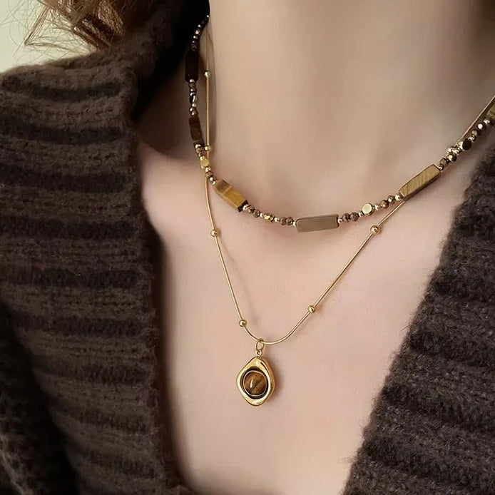 2 PCS Tiger Eye Stone Necklace