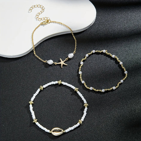 3 PCS Boho Starfish & Shell Ankle Bracelet
