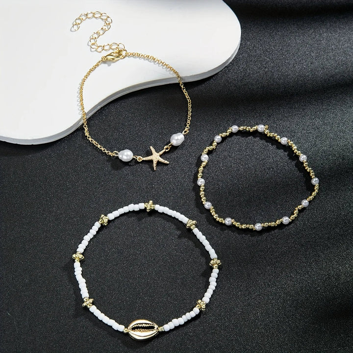 3 PCS Boho Starfish & Shell Ankle Bracelet