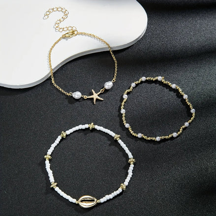 3 PCS Boho Starfish & Shell Ankle Bracelet