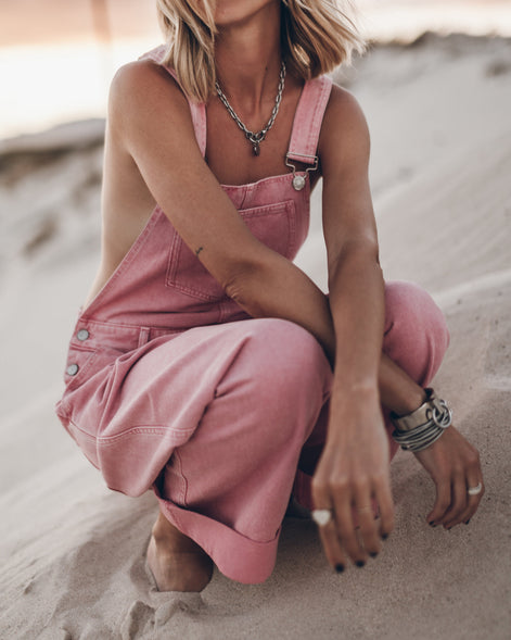 Pink Overalls – Wide Leg Distressed Denim Overalls