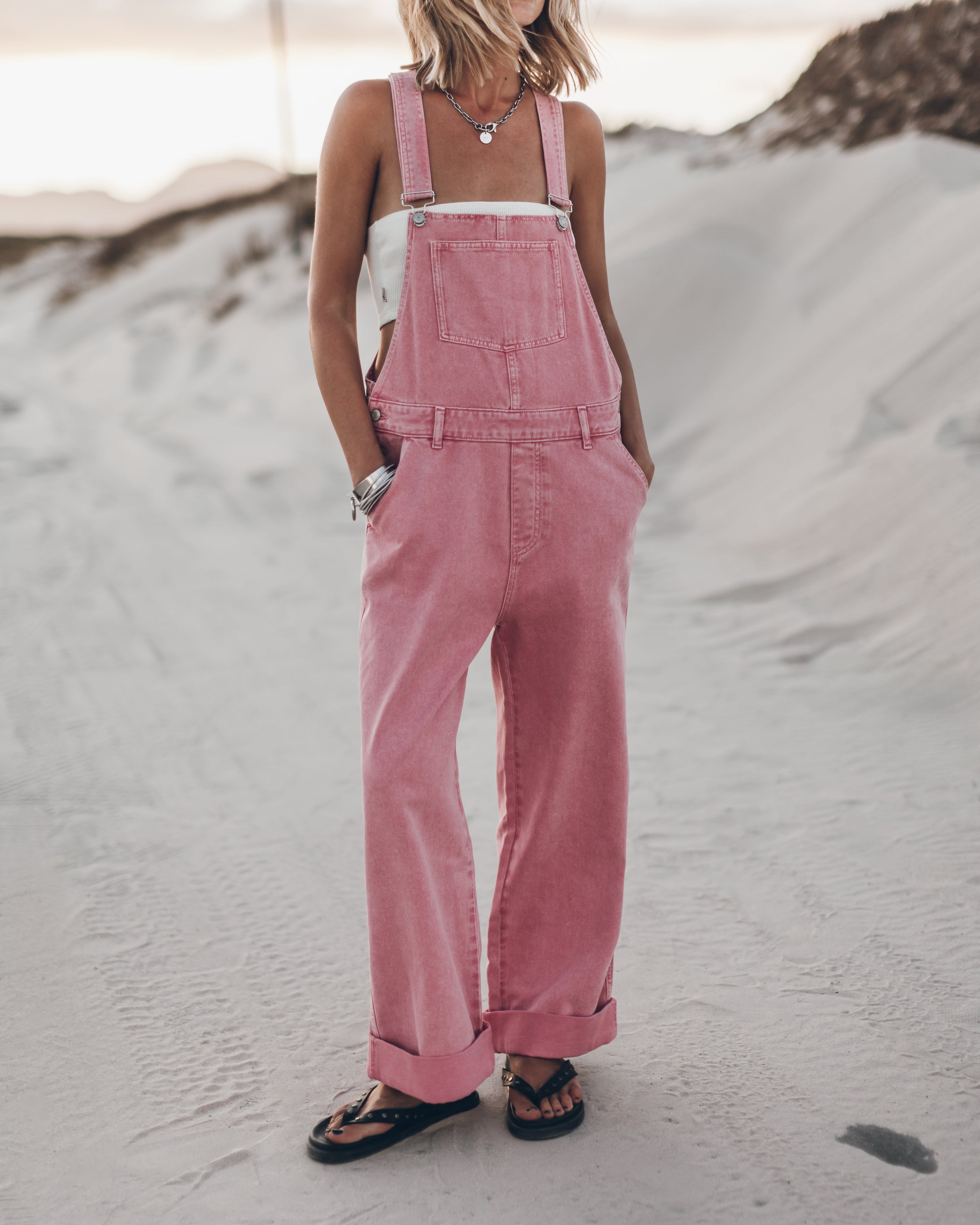 Pink Overalls – Wide Leg Distressed Denim Overalls