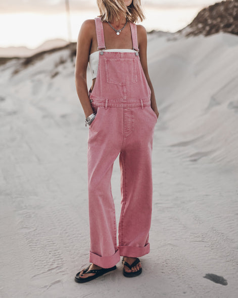 Pink Overalls – Wide Leg Distressed Denim Overalls