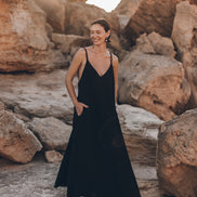 Black slip maxi dress with V-neckline, front view