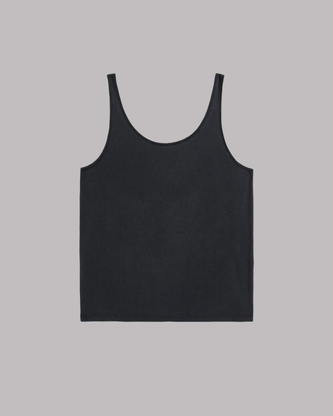Dark tank top with low back detail, front view