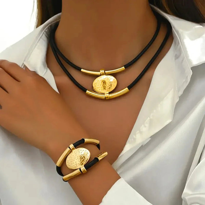 2 PCS Textured Gold Medallion Leather Set