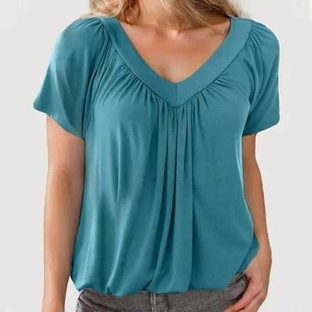 Casual Pleated V-Neck Short-Sleeve Top