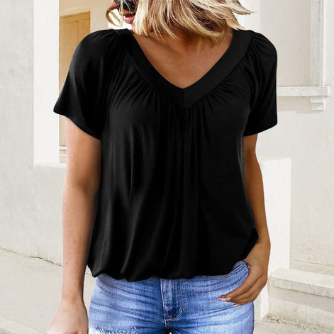 Casual Pleated V-Neck Short-Sleeve Top