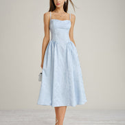 Blue Jacquard Pockets Slip Midi Dress