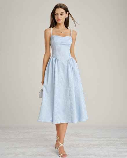 Blue Jacquard Pockets Slip Midi Dress