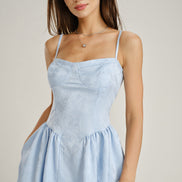 Blue Jacquard Pockets Slip Midi Dress