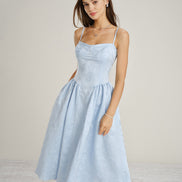 Blue Jacquard Pockets Slip Midi Dress