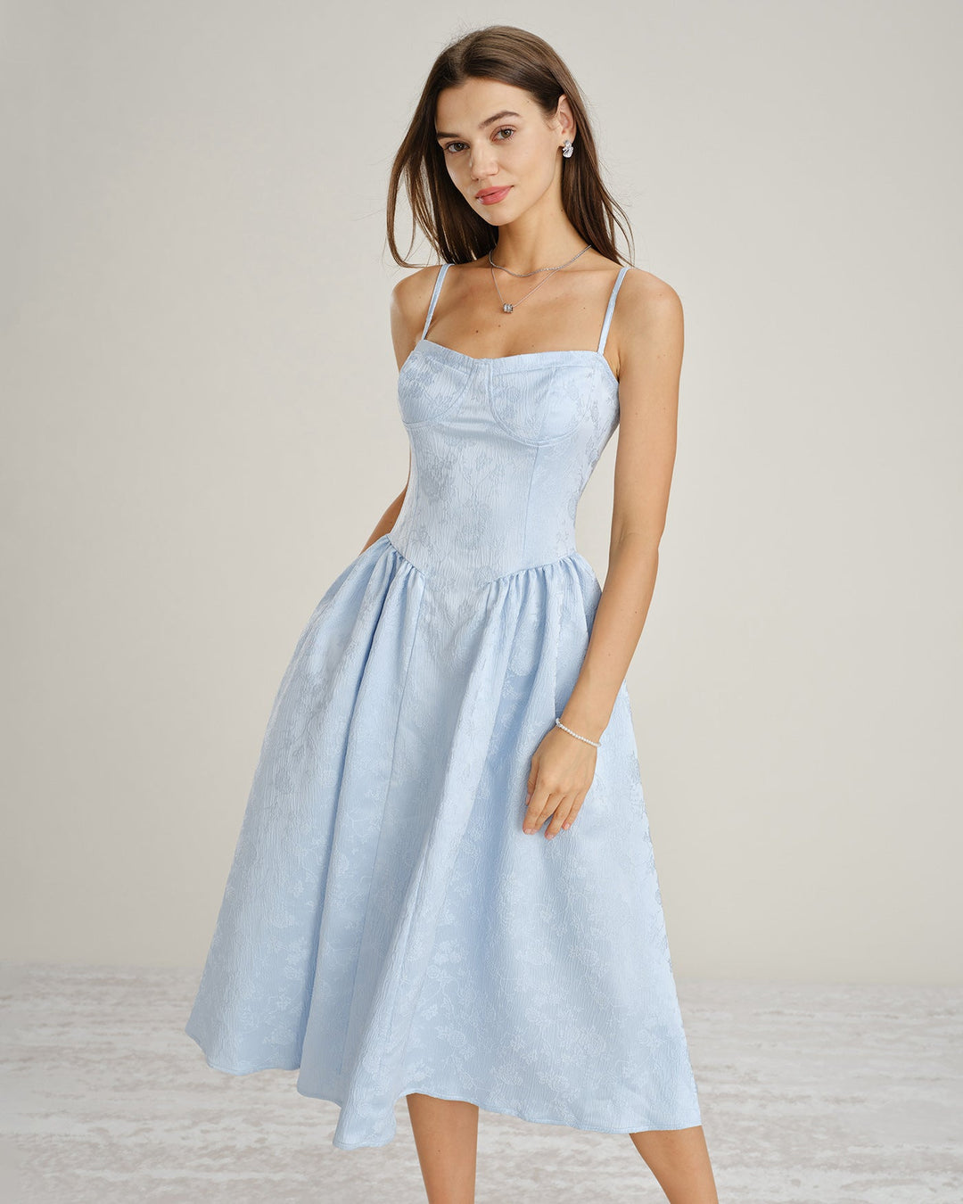 Blue Jacquard Pockets Slip Midi Dress