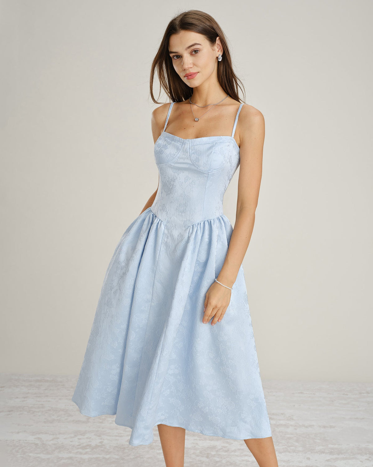 Blue Jacquard Pockets Slip Midi Dress