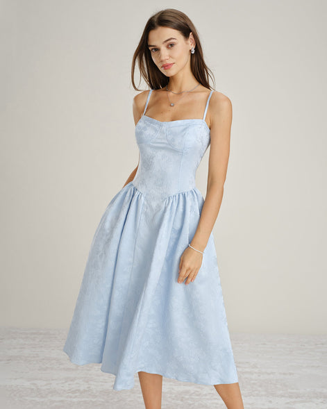 Blue Jacquard Pockets Slip Midi Dress