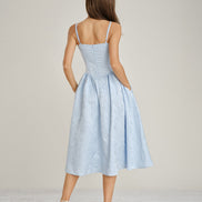 Blue Jacquard Pockets Slip Midi Dress