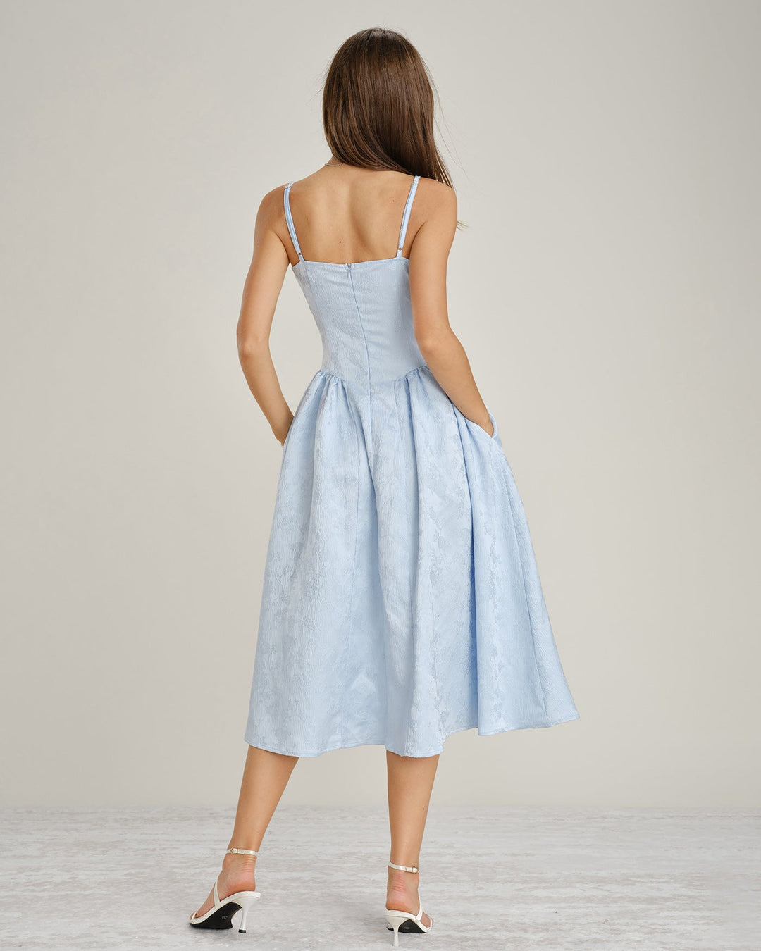Blue Jacquard Pockets Slip Midi Dress