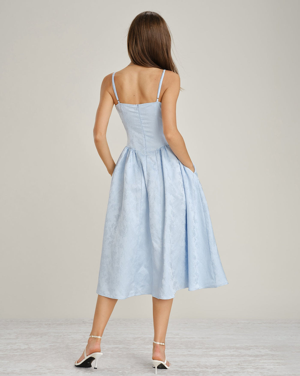 Blue Jacquard Pockets Slip Midi Dress