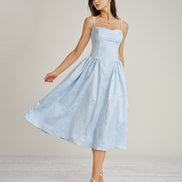 Blue Jacquard Pockets Slip Midi Dress