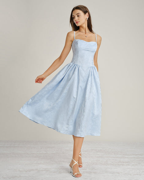Blue Jacquard Pockets Slip Midi Dress