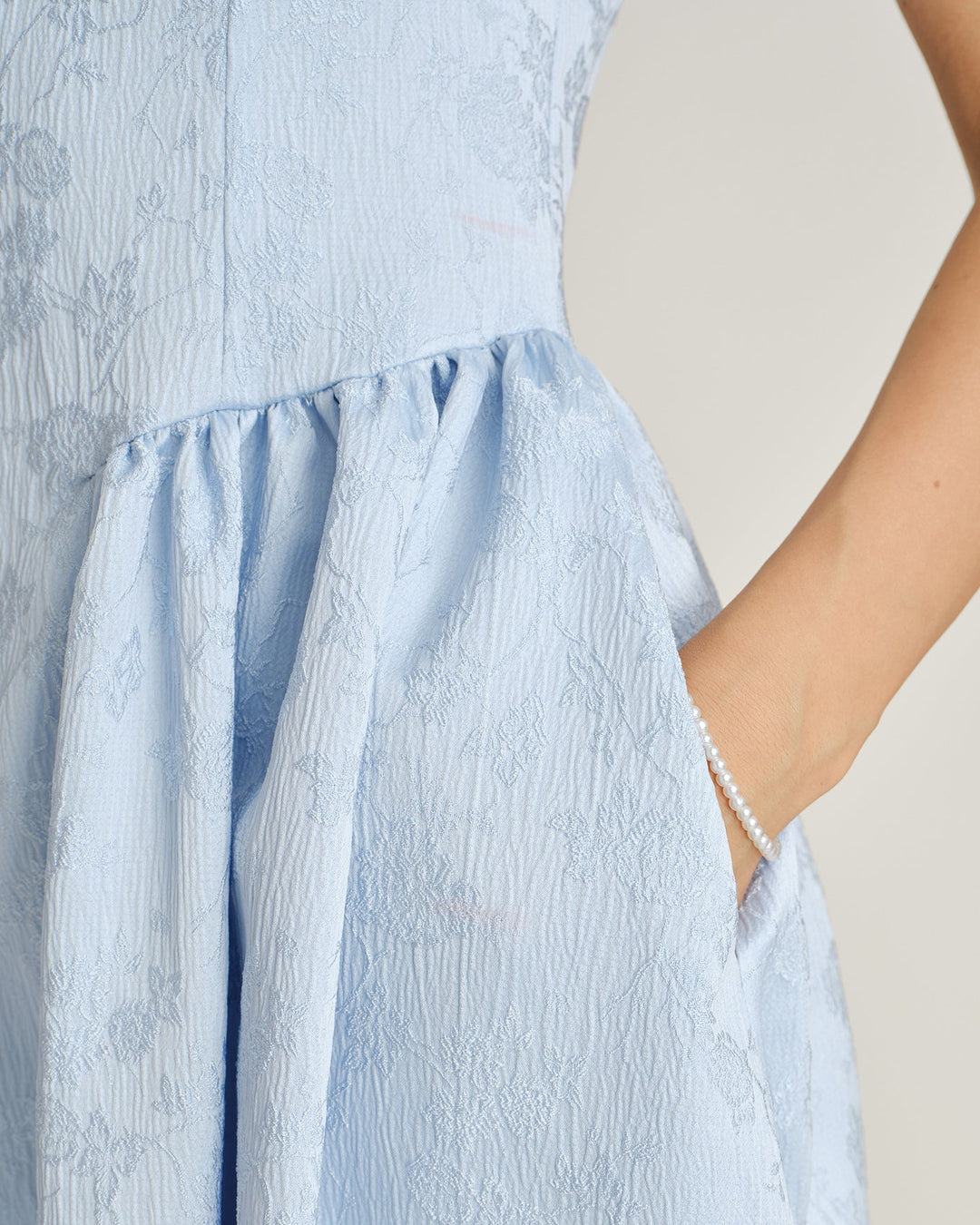 Blue Jacquard Pockets Slip Midi Dress