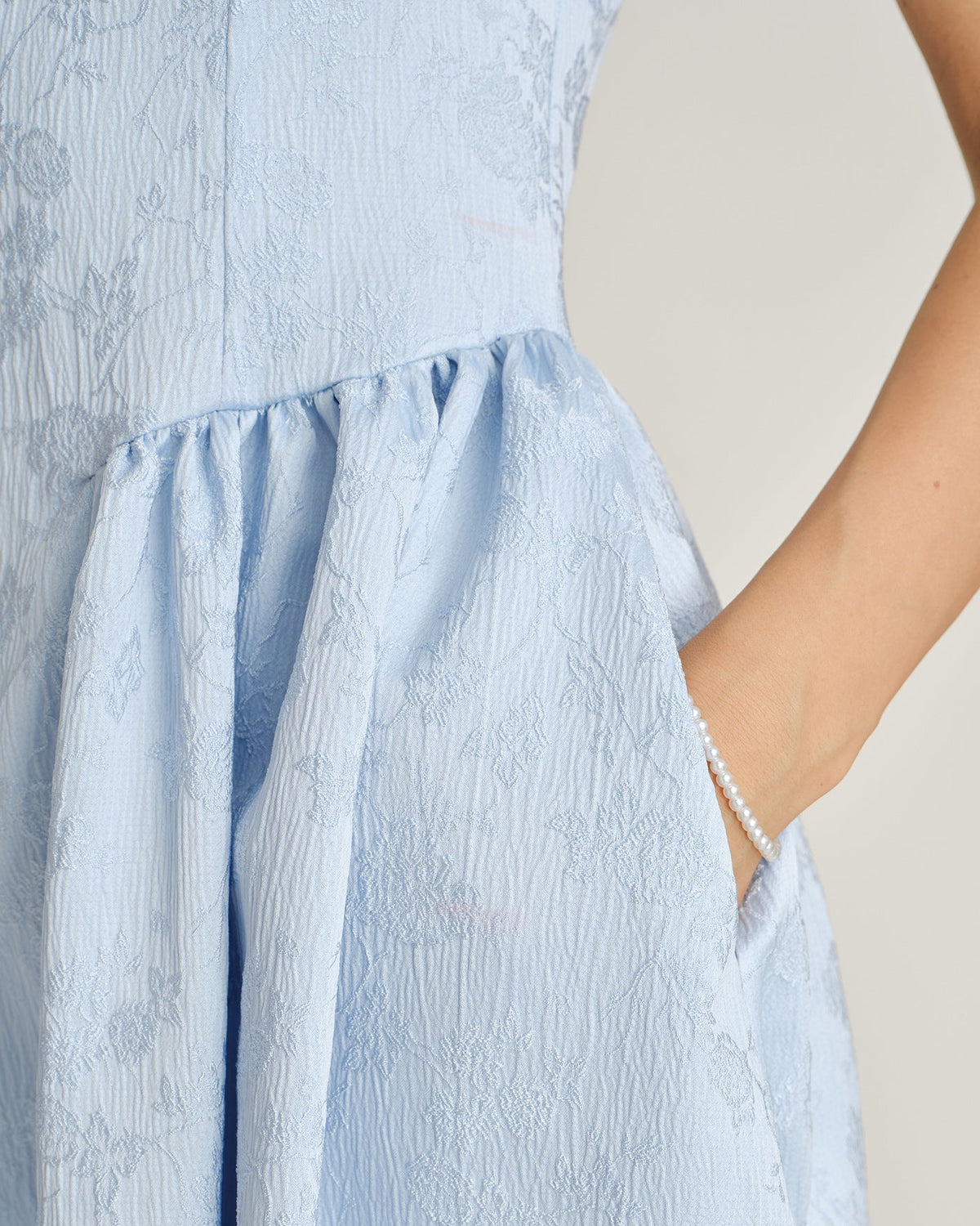 Blue Jacquard Pockets Slip Midi Dress